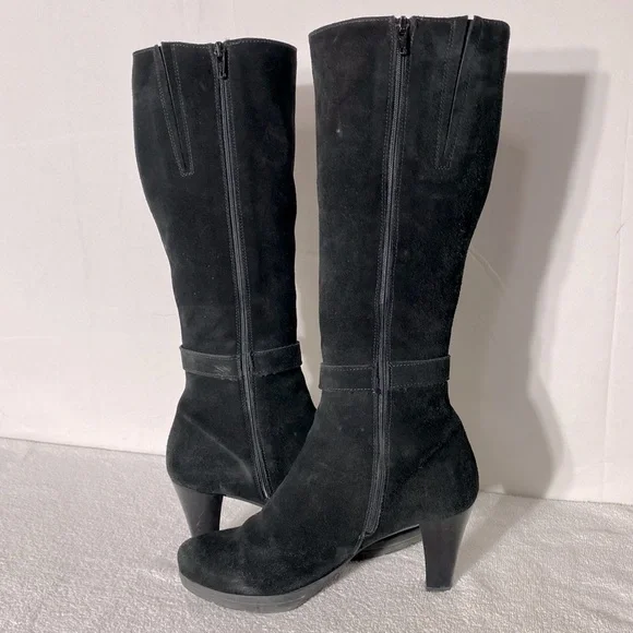 Vintage 90s C La Canadienne Black Suede Round Toe Chunky Heel Knee High Boots 10 - Picture 11 of 14